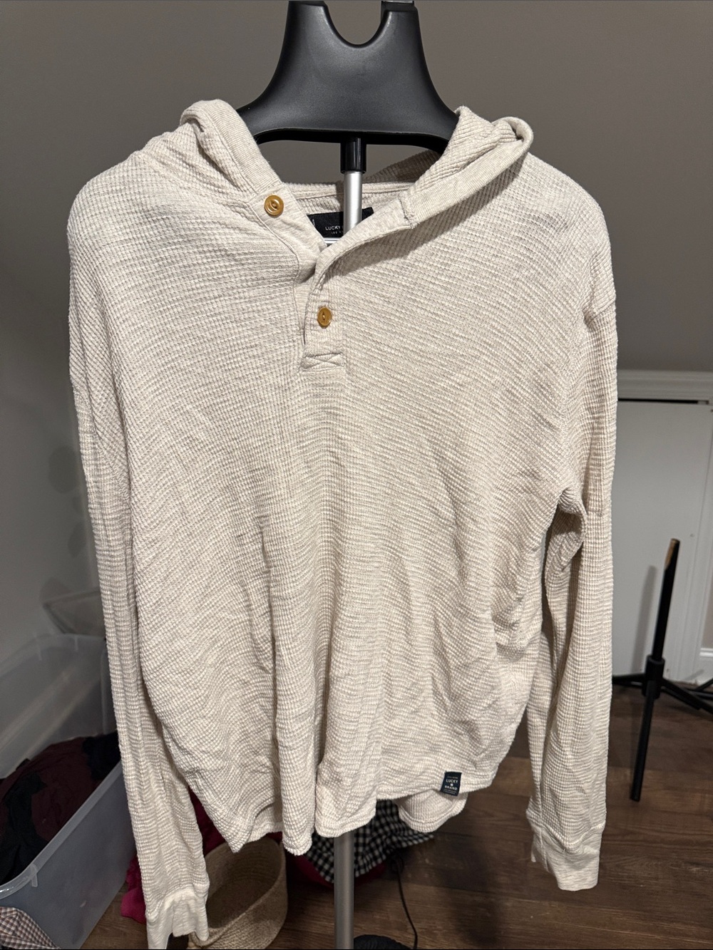 Lucky Brand Cream Hooded Henley Waffle Knit